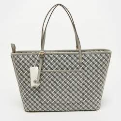 Pre Owned Tory Burch Grey Coated Canvas and Leather Geo Logo Top Zip Tote