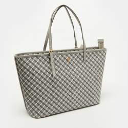 Pre Owned Tory Burch Grey Coated Canvas and Leather Geo Logo Top Zip Tote