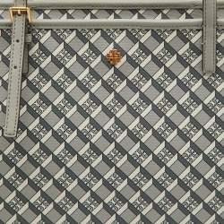 Pre Owned Tory Burch Grey Coated Canvas and Leather Geo Logo Top Zip Tote