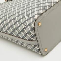 Pre Owned Tory Burch Grey Coated Canvas and Leather Geo Logo Top Zip Tote