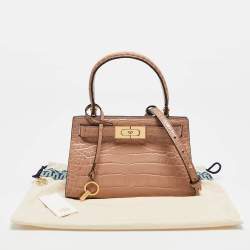 Pre Owned Tory Burch Beige Croc Embossed Leather Petite Lee Radziwill Top Handle Bag