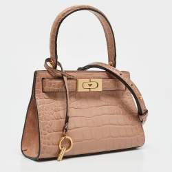 Pre Owned Tory Burch Beige Croc Embossed Leather Petite Lee Radziwill Top Handle Bag