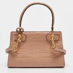 Pre Owned Tory Burch Beige Croc Embossed Leather Petite Lee Radziwill Top Handle Bag