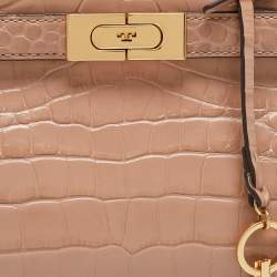 Pre Owned Tory Burch Beige Croc Embossed Leather Petite Lee Radziwill Top Handle Bag
