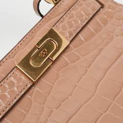 Pre Owned Tory Burch Beige Croc Embossed Leather Petite Lee Radziwill Top Handle Bag