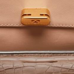 Pre Owned Tory Burch Beige Croc Embossed Leather Petite Lee Radziwill Top Handle Bag