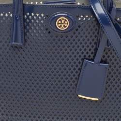 Tory Burch Navy Blue Perforated Leather Small Robinson Tote
