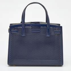 Tory Burch Navy Blue Perforated Leather Small Robinson Tote