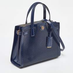 Tory Burch Navy Blue Perforated Leather Small Robinson Tote