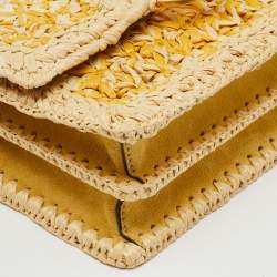 Pre Owned Tory Burch Beige/Yellow Raffia and Suede Miller Mini Flap Shoulder Bag