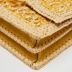 Pre Owned Tory Burch Beige/Yellow Raffia and Suede Miller Mini Flap Shoulder Bag