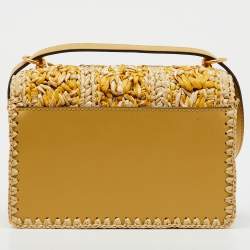 Pre Owned Tory Burch Beige/Yellow Raffia and Suede Miller Mini Flap Shoulder Bag