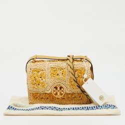 Pre Owned Tory Burch Beige/Yellow Raffia and Suede Miller Mini Flap Shoulder Bag