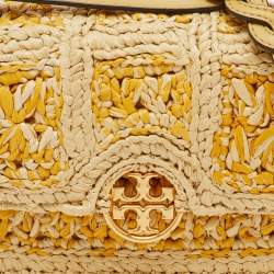 Pre Owned Tory Burch Beige/Yellow Raffia and Suede Miller Mini Flap Shoulder Bag