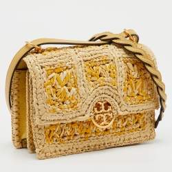 Pre Owned Tory Burch Beige/Yellow Raffia and Suede Miller Mini Flap Shoulder Bag