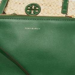 Tory Burch Beige/Green Woven Straw and Leather Embroidered Fruit Emerson Tote
