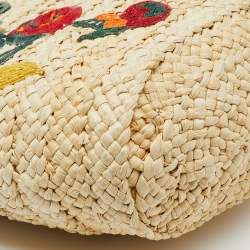 Tory Burch Beige/Green Woven Straw and Leather Embroidered Fruit Emerson Tote