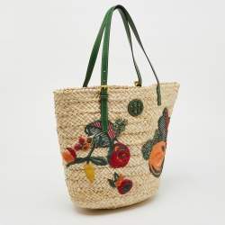 Tory Burch Beige/Green Woven Straw and Leather Embroidered Fruit Emerson Tote