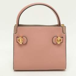 Pre Owned Tory Burch Peach/Beige Leather and Suede Petite Double Lee Radziwill Top Handle Bag