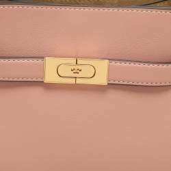 Pre Owned Tory Burch Peach/Beige Leather and Suede Petite Double Lee Radziwill Top Handle Bag