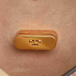 Pre Owned Tory Burch Peach/Beige Leather and Suede Petite Double Lee Radziwill Top Handle Bag