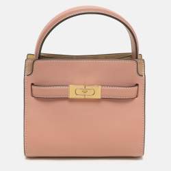 Tory Burch Peach/Beige Leather and Suede Petite Double Lee Radziwill Top Handle Bag