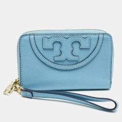 Tory Burch Light Blue Leather Zip Around Wristlet Wallet
