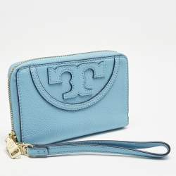 Tory Burch Light Blue Leather Zip Around Wristlet Wallet