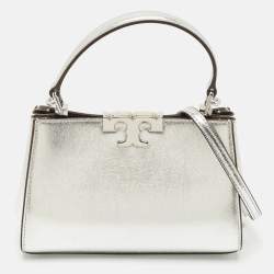 Tory Burch Metallic Silver Leather Mini Eleanor Top Handle Bag