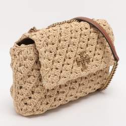 Pre Owned Tory Burch Beige Crochet Straw Small Kira Shoulder Bag