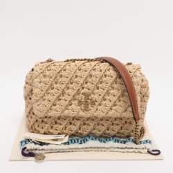 Pre Owned Tory Burch Beige Crochet Straw Small Kira Shoulder Bag
