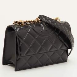 Pre Owned Tory Burch Fleming Small Black Leather Convertible Shoulder Bag