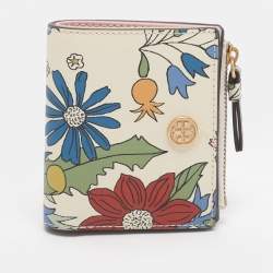 Pre Owned Tory Burch Robinson White/Multicolor Floral Print Leather Compact Wallet