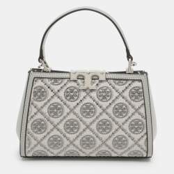 Pre Owned Tory Burch Eleanor Mini Grey Fabric and Leather Top Handle Bag