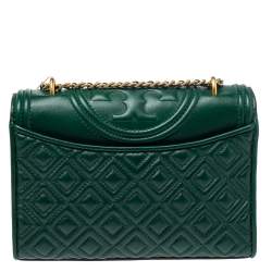 Pre Owned Tory Burch Green Leather Small Fleming Shoulder Bag