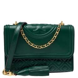 Pre Owned Tory Burch Green Leather Small Fleming Shoulder Bag