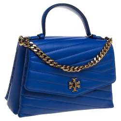 Pre Owned Tory Burch Blue Chevron Leather Kira Top Handle Bag