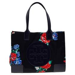 Tory Burch Black/Navy Blue Floral Print Nylon and Leather Ella