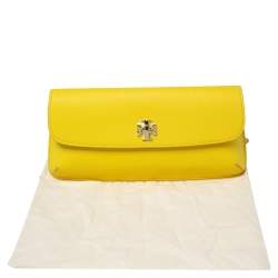 Pre Owned Tory Burch Yellow Leather Slim Diana Flap Clutch