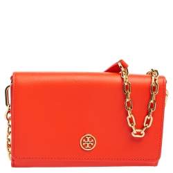 Pre Owned Tory Burch Red Leather Robinson Wallet On Chain