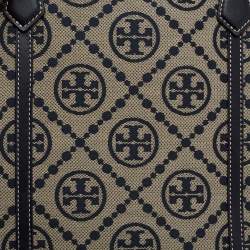 Pre Owned Tory Burch Navy Blue /Beige Perry T Monogram Jacquard Tote