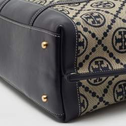 Pre Owned Tory Burch Navy Blue /Beige Perry T Monogram Jacquard Tote