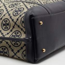 Pre Owned Tory Burch Navy Blue /Beige Perry T Monogram Jacquard Tote