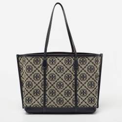 Pre Owned Tory Burch Navy Blue /Beige Perry T Monogram Jacquard Tote