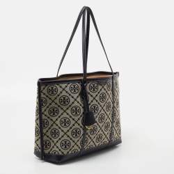 Pre Owned Tory Burch Navy Blue /Beige Perry T Monogram Jacquard Tote