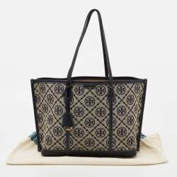 Pre Owned Tory Burch Navy Blue /Beige Perry T Monogram Jacquard Tote