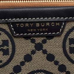 Pre Owned Tory Burch Navy Blue /Beige Perry T Monogram Jacquard Tote