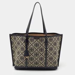 Tory Burch T Monogram Tote Bag Woven Jacquard Synthetic Leather Blue New