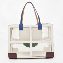 Pre Owned Tory Burch Multicolor/Clear PVC and Faux Leather Quadrant Ella Tote