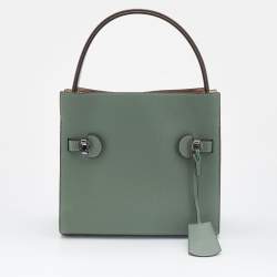 Pre Owned Tory Burch Green/Brown Leather and Suede Small Lee Radziwill Double Bag